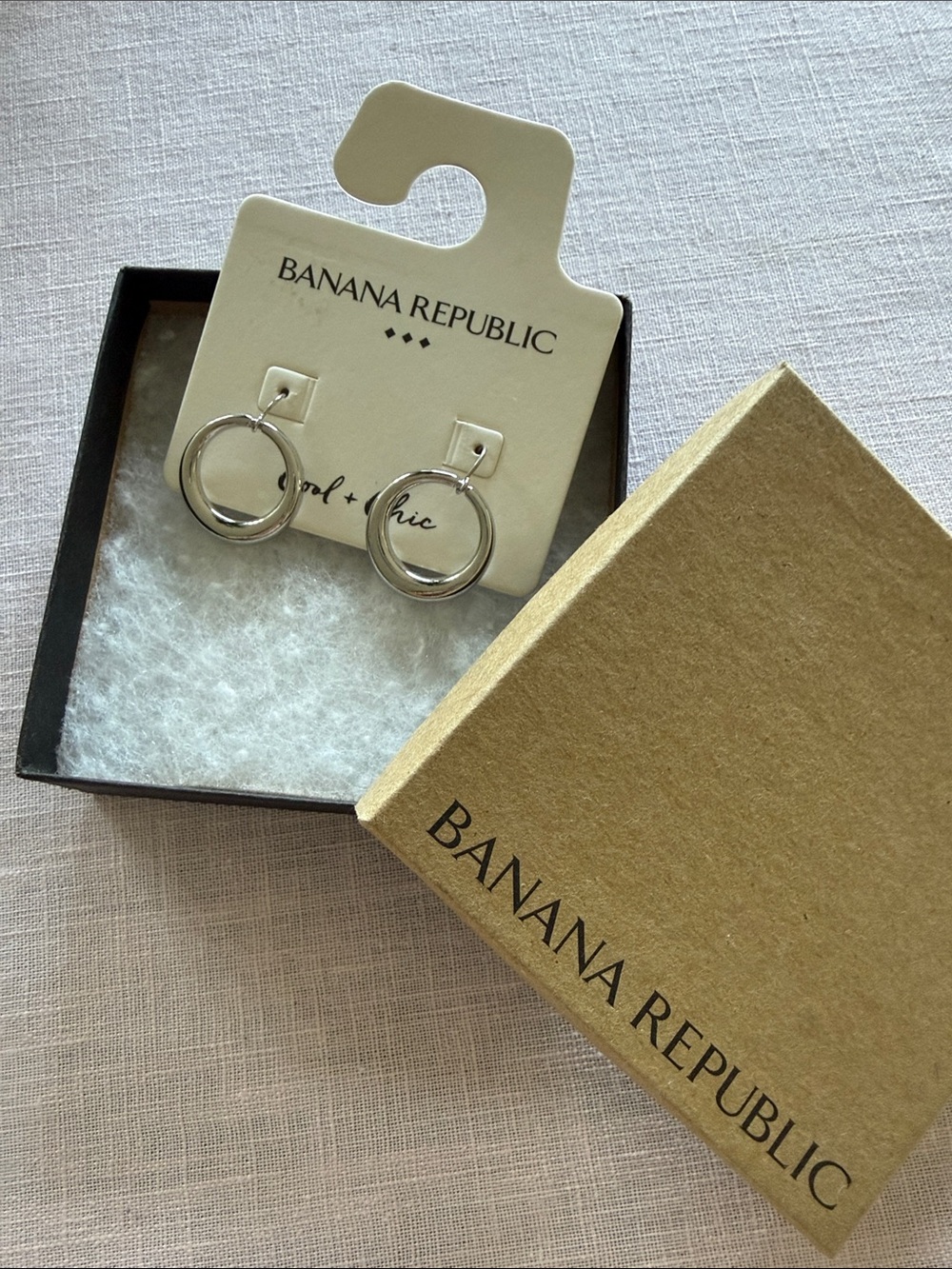 Banana Republic Polished Silver Round Earrings with Branded Box Included.